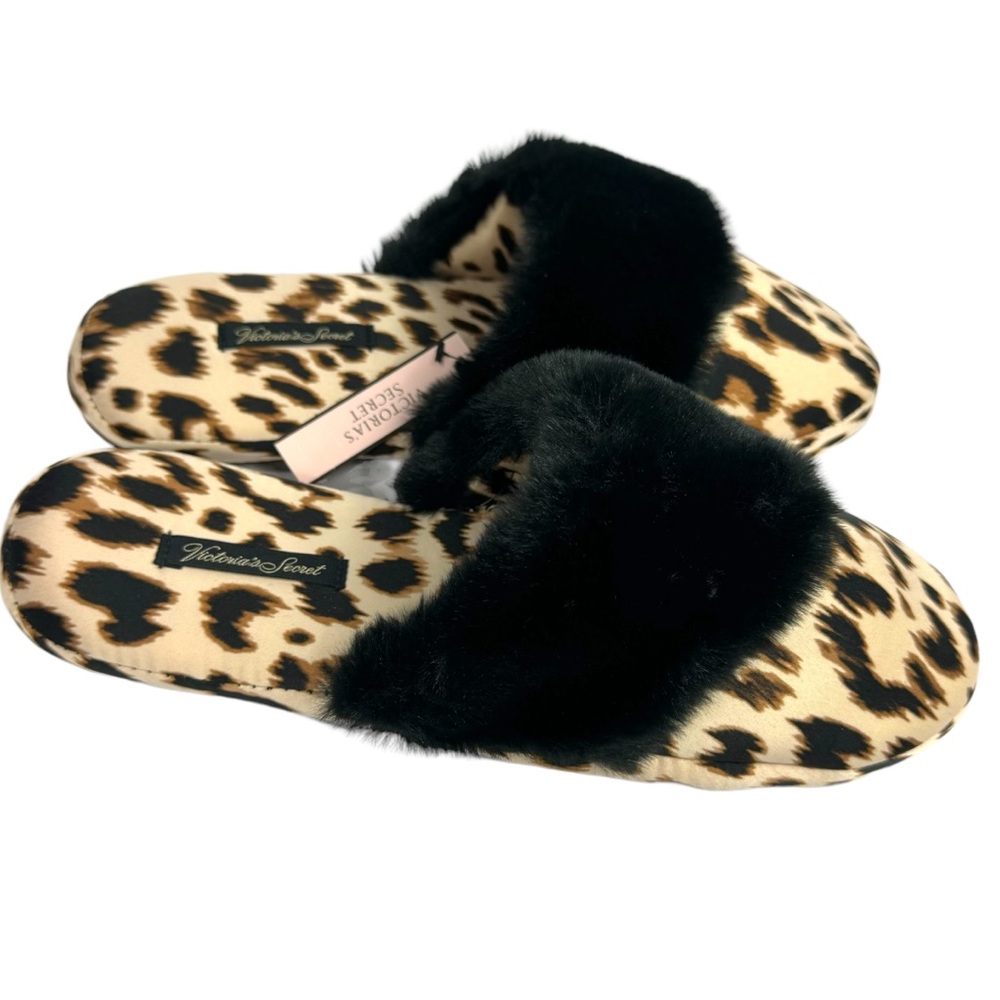 NWT Victorias Secret Signature Satin Faux Fur Leopard Animal Print Slippers